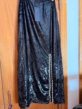 Black Crushed Velvet Maxi Skirt with Beaded Trim